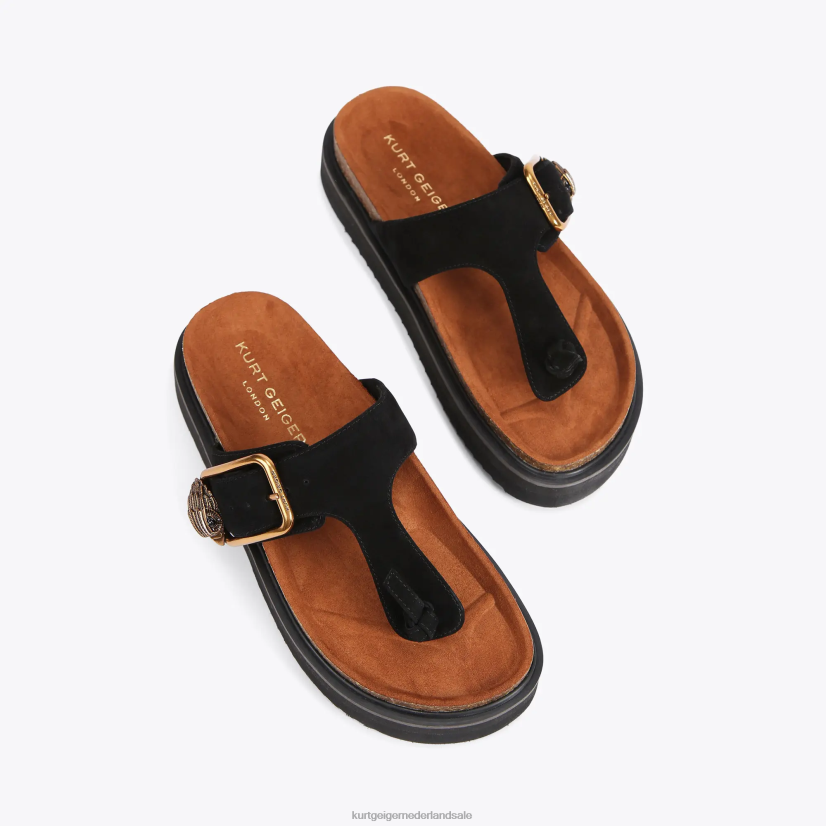 vrouwen Kurt Geiger N206R441 London Eagle T-bar slides met gesp zwart | schoenen