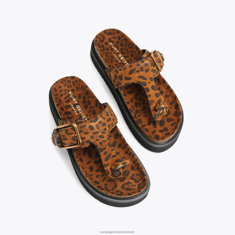vrouwen Kurt Geiger N206R442 London Eagle T-bar slides met gesp midden bruin | schoenen
